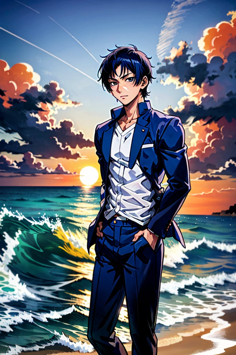 dessine un jeune homme au bord de la mer sous un coucher de soleil, AOMINE DAIKI, 