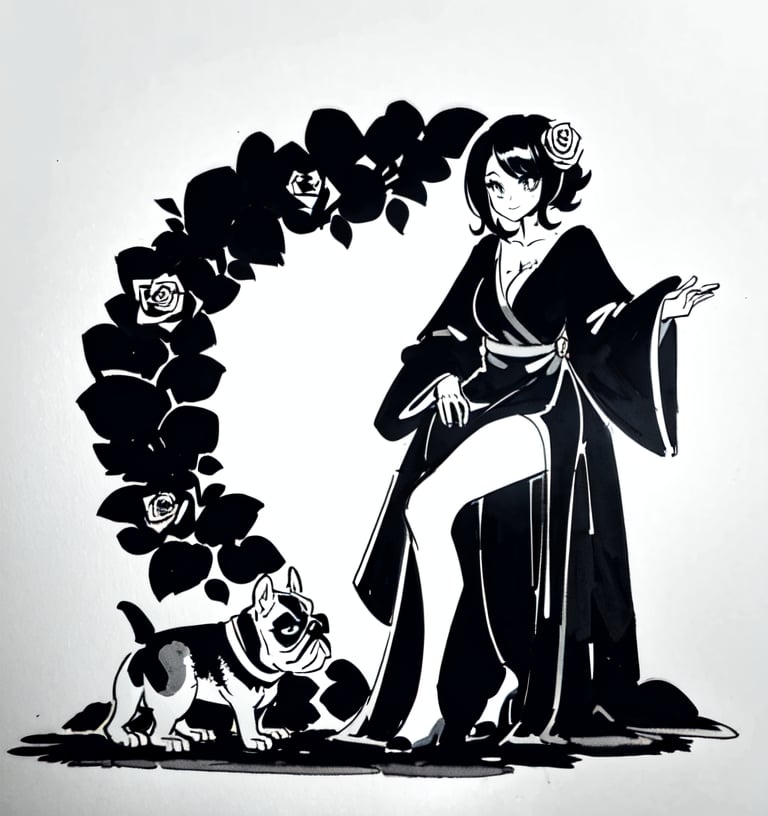 Une jeune femme sexy assise avec un petit chien french bulldog, cheveux long rose pale, habiller en robe noire ,b3rli,SAM YANG,1 girl,inksketch