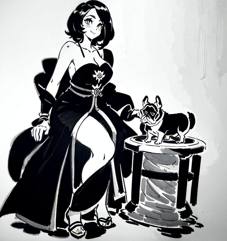 Une jeune femme sexy assise avec un petit chien french bulldog, cheveux long rose pale, habiller en robe noire ,b3rli,SAM YANG,1 girl,inksketch