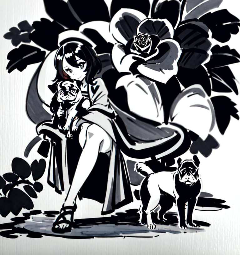 Une jeune femme sexy assise avec un petit chien french bulldog, cheveux long rose pale, habiller en robe noire ,b3rli,SAM YANG,1 girl,inksketch