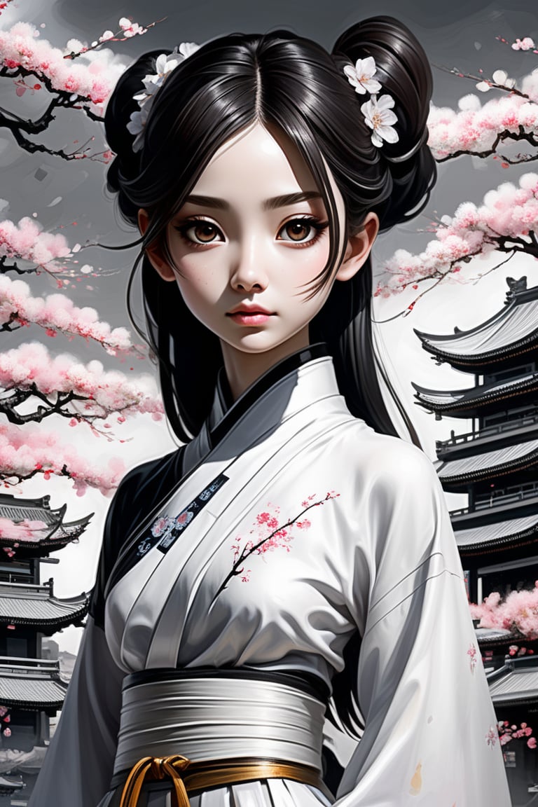 anime girl in full white outfit holding Japanese tshirt and wearing black skirt, in the style of traditional chinese painting, romantic fantasy, oil paintings, dark bronze and gray, cherry blossoms, serene faces, photo-realistic techniques
Negative prompt: painting, drawing, illustration, glitch, deformed, mutated, cross-eyed, ugly, disfigured,