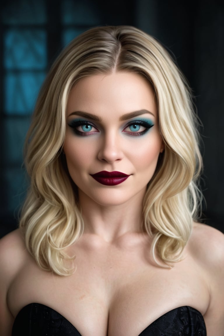 young female made from cate blanchett margot robbie blend,  long ponytail, long bangs, long lashes, modelshoot style, super realistic,  4k,  expert lighting,  perfect symmetry, Realism, Makeup, Face makeup,,,
