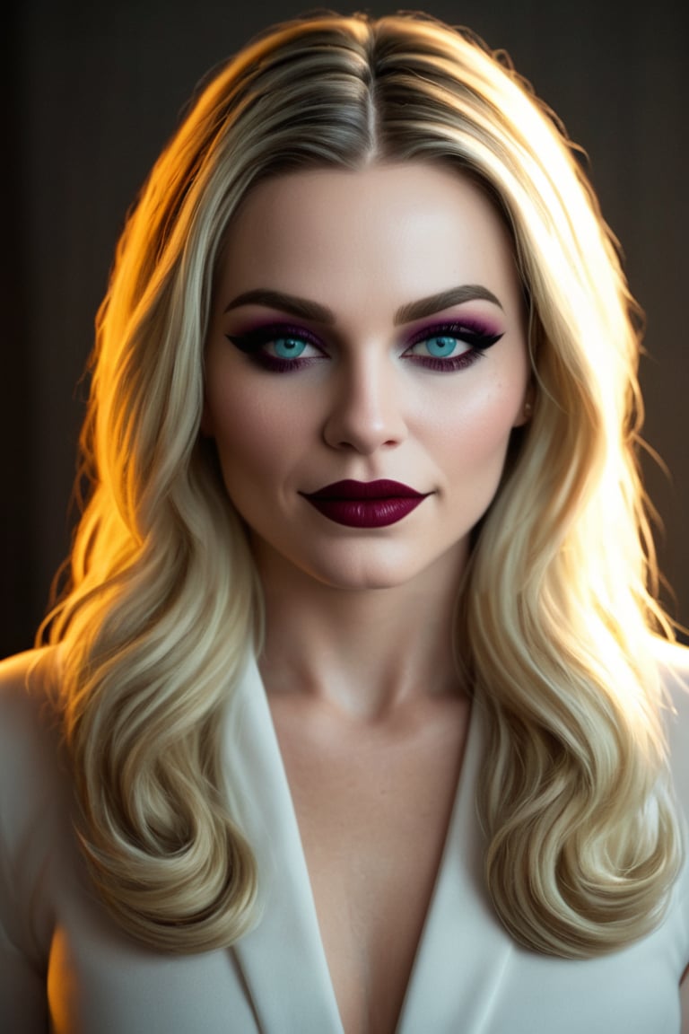 young female made from cate blanchett margot robbie blend,  long ponytail, long bangs, long lashes, modelshoot style, super realistic,  4k,  expert lighting,  perfect symmetry, Realism, Makeup, Face makeup,,,
