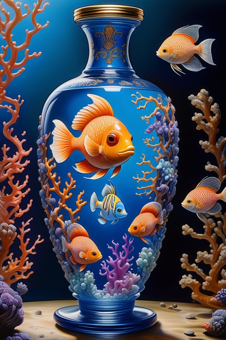(masterpiece,best quality, ultra realistic,32k,RAW photo,detailed skin, 8k uhd, high quality:1.2), cinematic photo bottle vase of coral under the sea and in the sky decorated with a dense field of stylized scrolls that have opaque outlines enclosing mottled blue washes, with orange shells and purple fishes, Ambrosius Benson, oil on canvas, hyperrealism, around the edges there are no objects . 35mm photograph, film, bokeh, professional, 4k, highly detailed