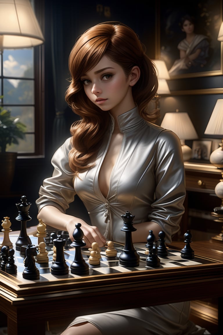 (masterpiece,best quality, ultra realistic,32k,RAW photo,detailed skin, 8k uhd, high quality:1.2), \Lilia (Mushoku Tensei)\, Playing chess, hyperrealistic art magic universe wind coming out of a computer screen, mystical shootingstars, artstation, James Gurney . extremely high-resolution details, photographic, realism pushed to extreme, fine texture, incredibly lifelike