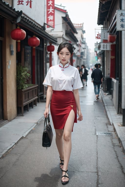 young asian lady walking in chinese street, hyper realistic, 4k