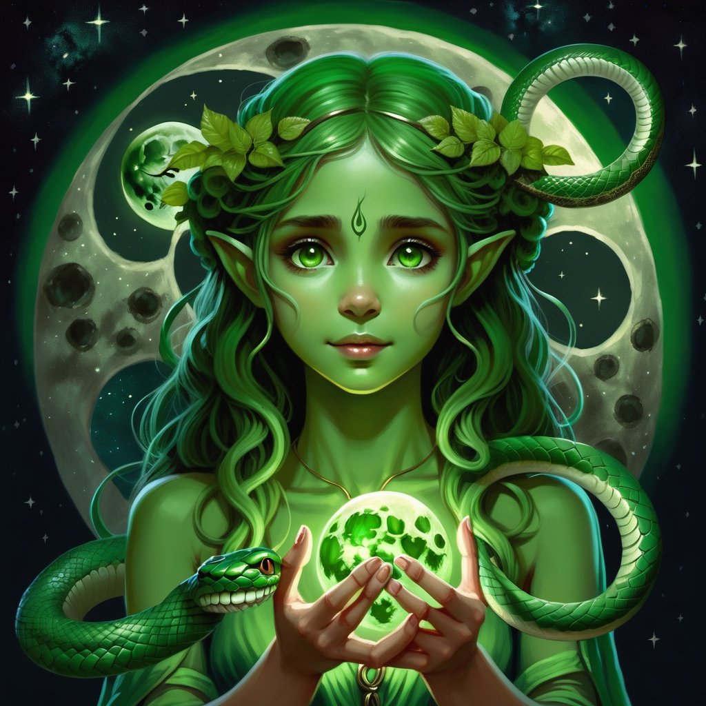 painting of a cute green skinned dryad girl holding a moon on her hands in the middle of the night, with a snake curled around her neck, high resolution, HD