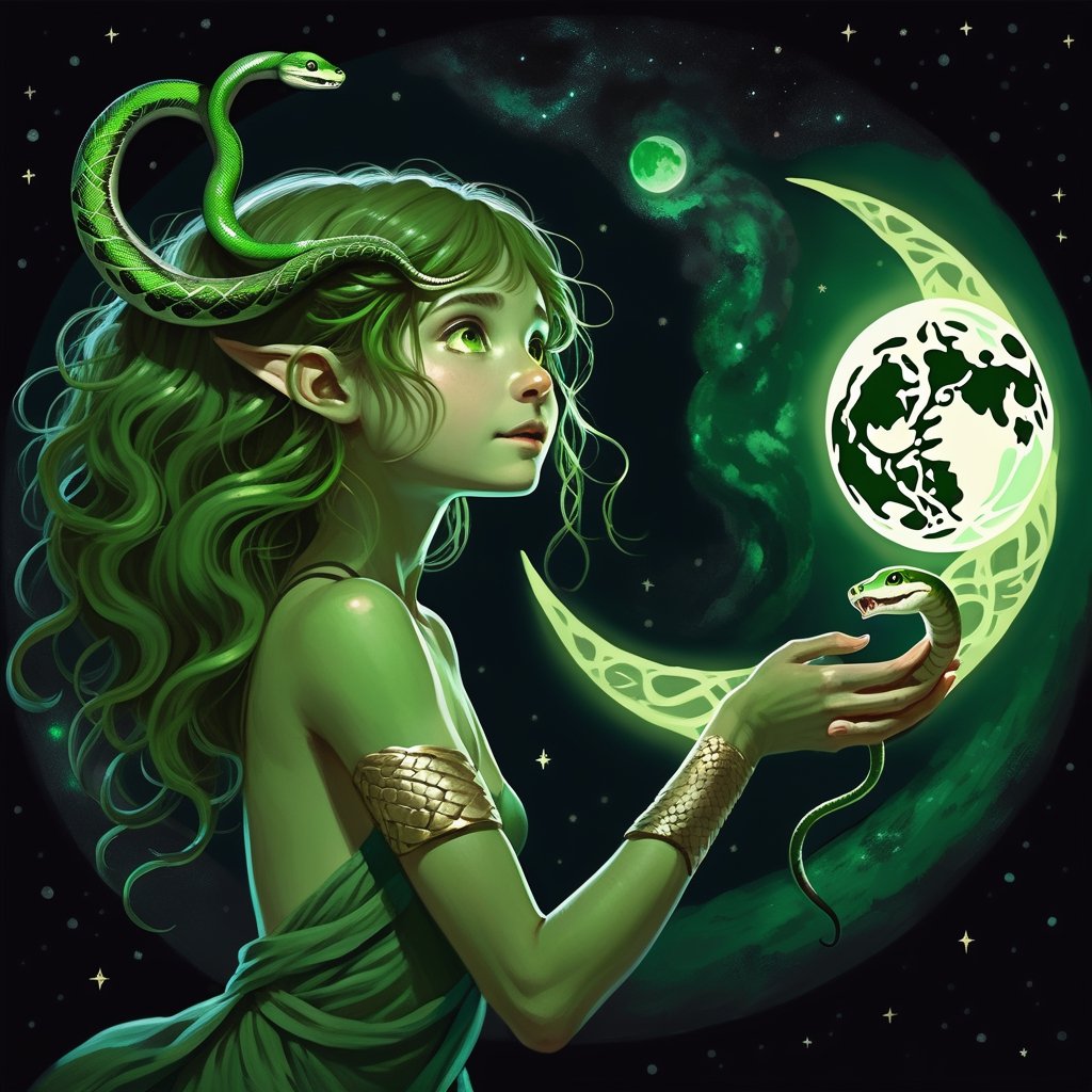 person chasing painting of a cute green skinned dryad girl holding a moon on her hands in the middle of the night, with a snake curled around her neck, high resolution, HDorb of light that is at distance