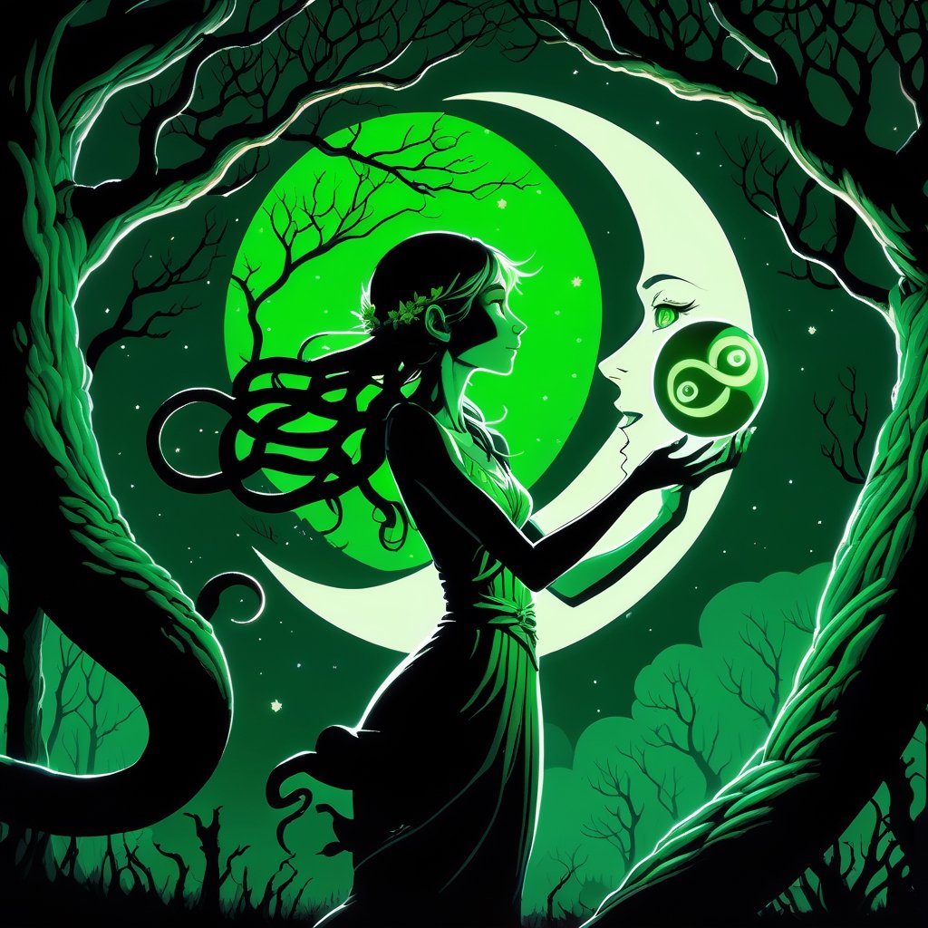 person chasing painting of a cute green skinned dryad girl holding a moon on her hands in the middle of the night, with a snake curled around her neck, high resolution, HDorb of light that is at distance