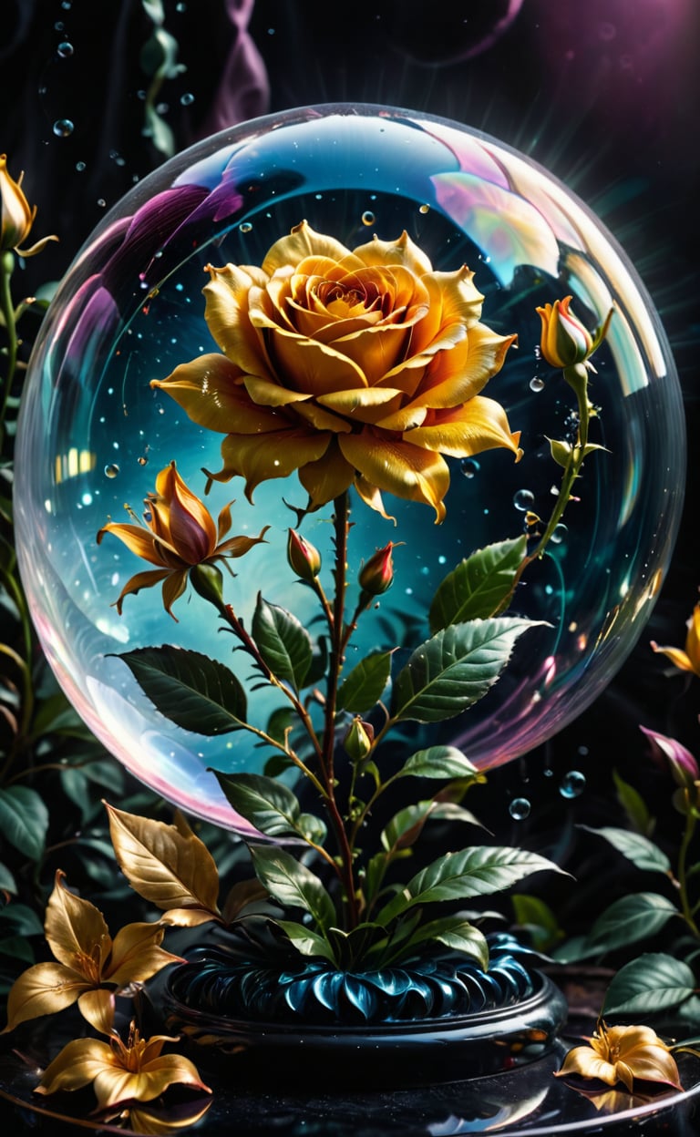 Inside of a glass bubble is A WONDER flower half lily, half rose for everybody to bring love and courage back together with magic bees, high_resolution and contrast and colour contrast,  intricately textured and extremely subtle and elegantly detailed,  detailmaster2, side-light,  ultra quality ,Movie Poster,ink art,retro ink,line art illustration,bubbleGL,Gold Edged Black Rose