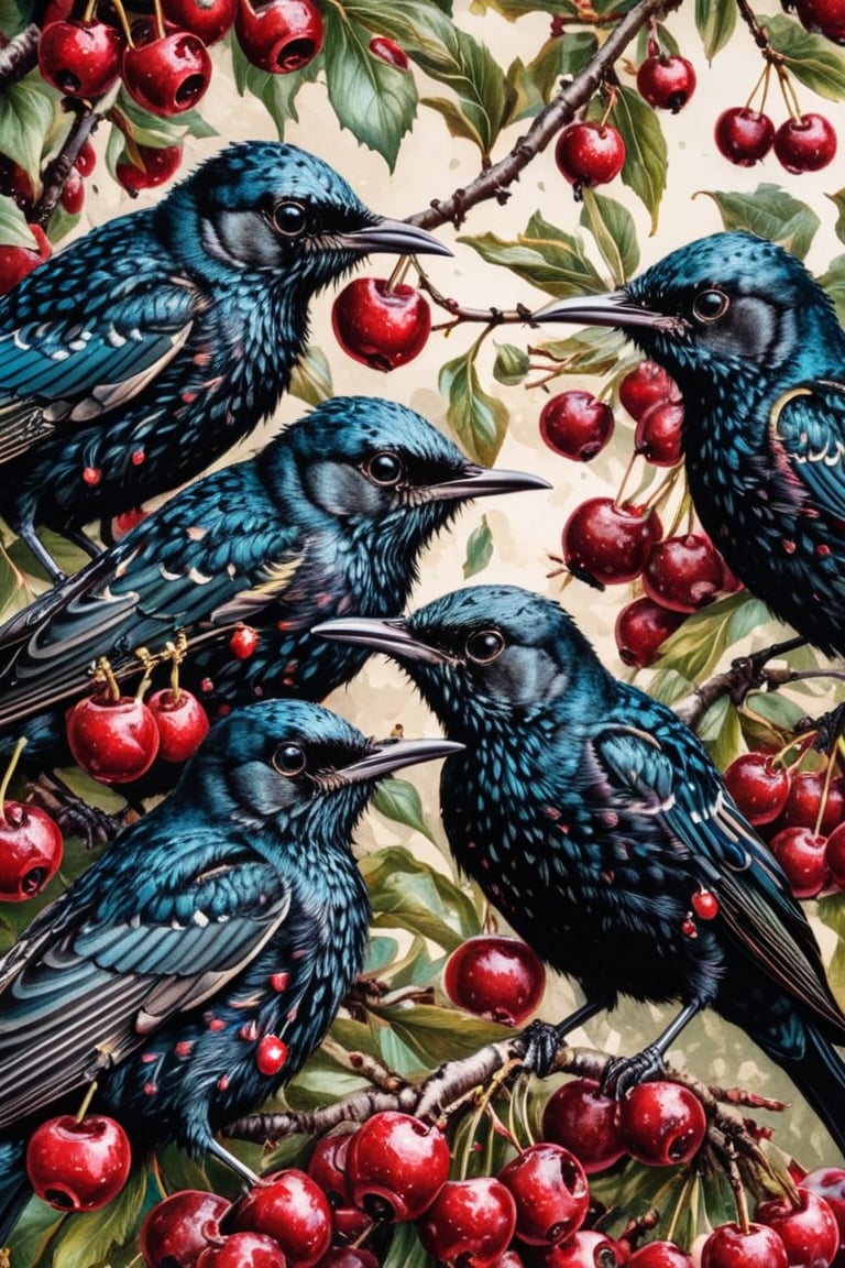 (Acrylic painting) A hungry flock of starlings fall in  a green leaved cherry tree to attack ripe cherries,   dark vivid palette,  high resolution and contrast and colour contrast,  intricately textured and extremely subtle detailed, epic view,   detailmaster2,  side-light,  ultra quality,  fine artwork ,ais-acrylicz,acrylic painting,more detail XL,3D Render Style,3DRenderAF,abstract narrative,Pomological Watercolor