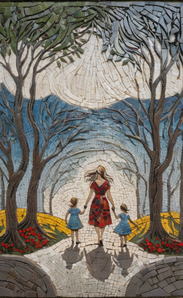 A photographic mosaic of a mother with her playing kids in the foreground and parc scenery  in the background,  dark palette,  high resolution and contrast and colour contrast,  intricately textured and extremely subtle detailed,  detailmaster2,  side-light,  epic view,  fine artwork ,more detail XL