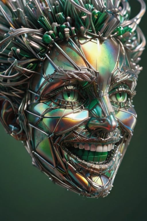 (Line Art), an entanglement of coated wire forming a grinning face, 4k rendered, high quality, detailmaster2,  deep focus, green glass background ,fire element