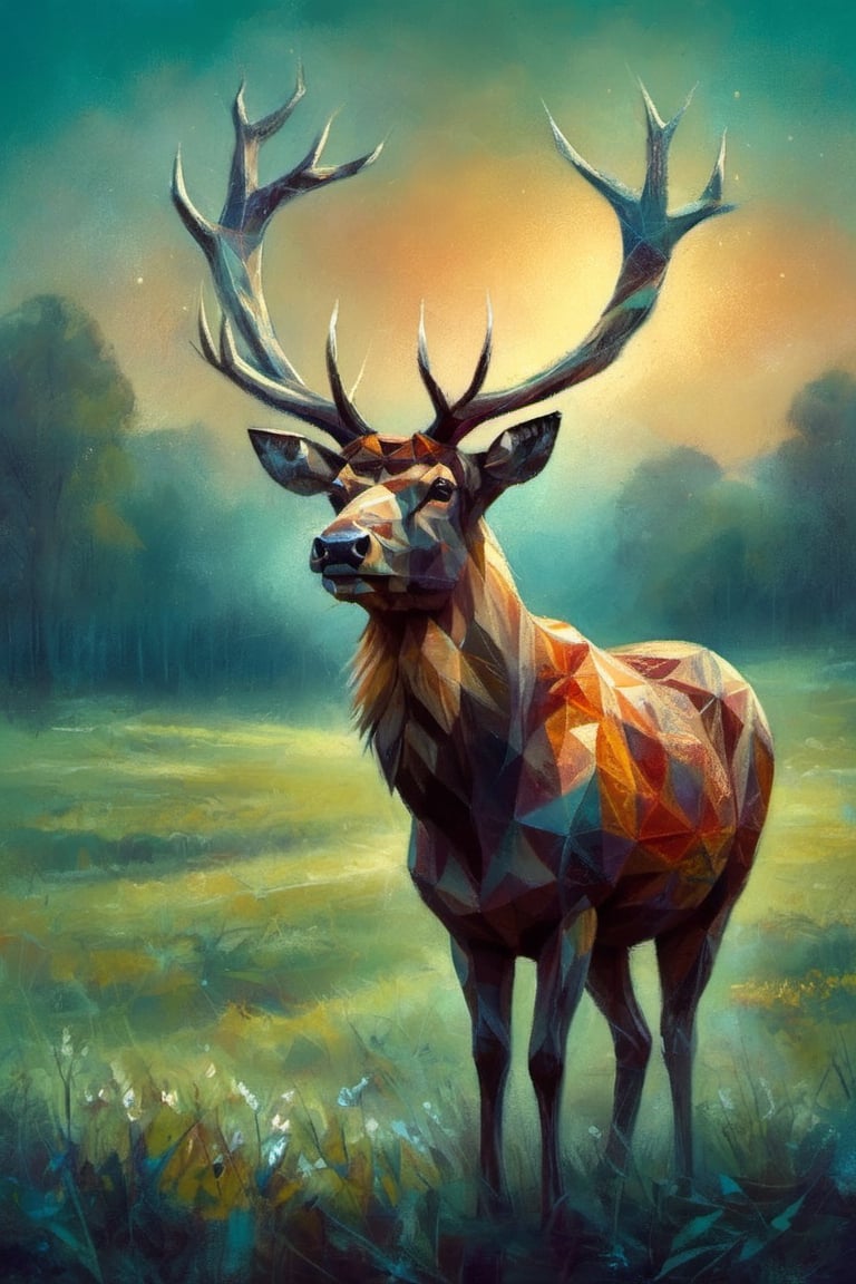 ( Pastelart) Profile of a belling red deer, head back, open mouth,  in the meadow in the early morning, nebulous mystical atmosphere, trees around the meadow, dark vivid palette, cyan matrix background,  high resolution and contrast,  high colour contrast,  intricately textured and extremely subtle detailed,  detailmaster2,  side-light,  ultra quality,  fine artwork ,drawing with pastels,ral-polygon