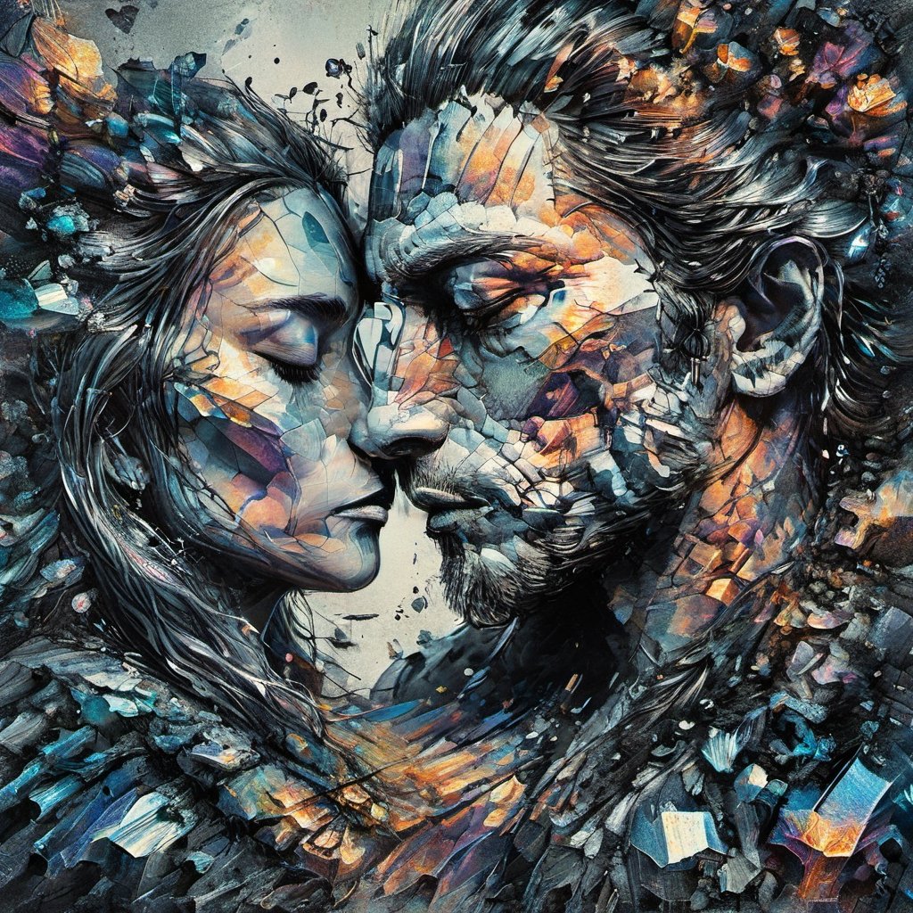 A ripe man kissing his wife, profile-view, dark palette,  highl resolution and contrast,  high colour contrast,  intricately textured and extremely subtle detailed,  detailmaster2,  side-light,  ultra quality,  fine artwork ,ral-bismut