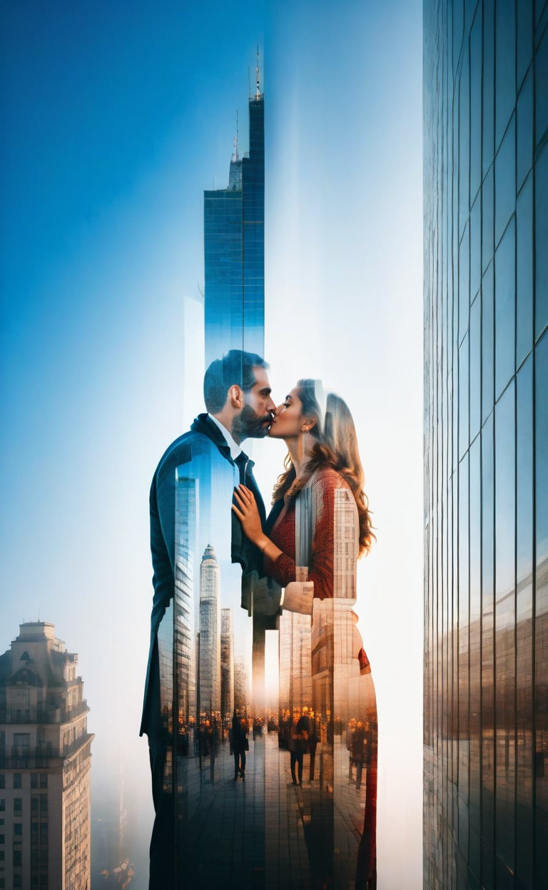 Facade of a skyscraper. Inside the facade  you can see 1 man and 1 woman kissing each other, masterpiece,  ((double-exposure)), proportional ,DOUBLE EXPOSURE