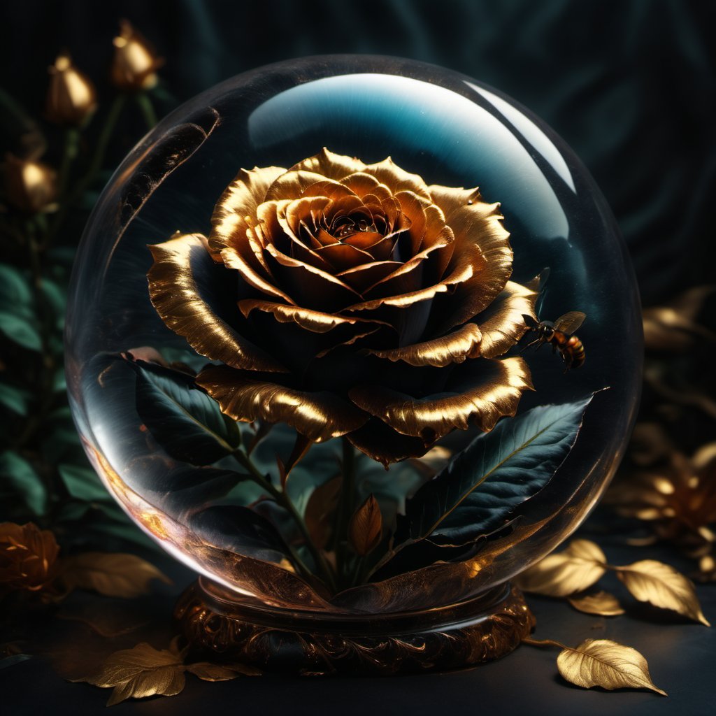 Inside of a glass bubble is A WONDER flower half lily, half rose for everybody to bring love and courage back together with magic bees, high_resolution and contrast and colour contrast,  intricately textured and extremely subtle and elegantly detailed,  detailmaster2, side-light,  ultra quality ,Movie Poster,ink art,retro ink,line art illustration,bubbleGL,Gold Edged Black Rose