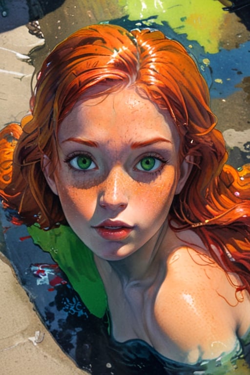 An illustrative lithograph of 1mermaid, solo, long hair, looking at viewer, bright- green eyes, red hair, outdoors, water, clear water reflection, orange hair,  lips, partially submerged, freckles, realistic, street water puddle, clear reflection  in the puddle of mermaid and surroundings,  detailmaster2, dark palette, backlight,  ,digital painting,art_booster