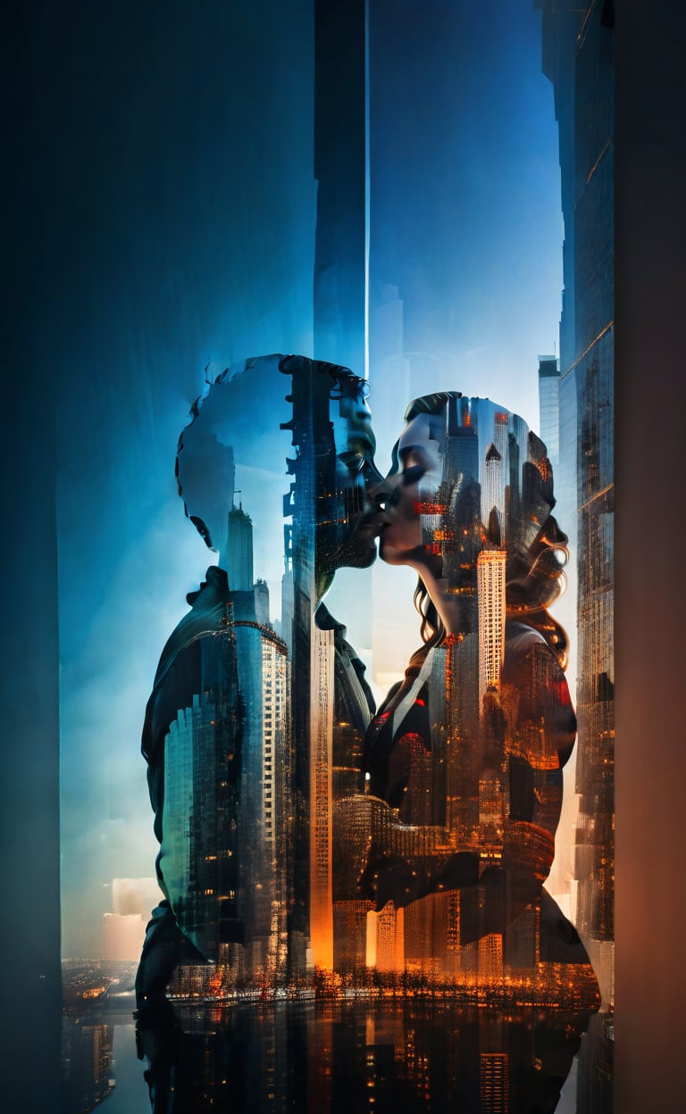(Double-exposure) inside the silhouette  of a skyscraper  can be seen a  sculptural kissing pair, dark vivid palette,  high resolution and contrast and colour contrast,  intricately textured and extremely subtle detailed,  detailmaster2,  ultra quality,  fine artwork ,photo r3al