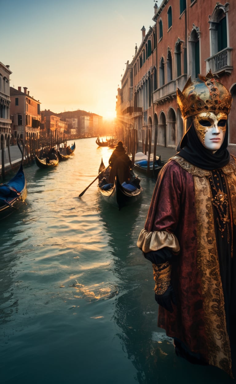A double-exposure  first the sunrise over a canale in Venice second people in venetian carnival make up,  high resolution and contrast and colour contrast,  intricately textured and extremely subtle detailed,  detailmaster2,  backlight,  ultra quality,  fine artwork 