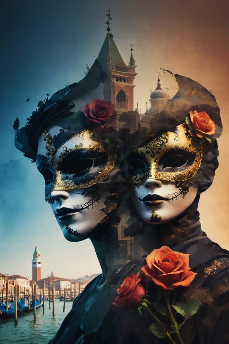 Silhouette of 2 masked people in Venice for carnival . Inside the silhouette of the 2 carnival-masked people in Venice  you can see black roses, masterpiece,  ((double-exposure)), proportional , dark palette,  high resolution and contrast and colour contrast,  intricately textured and extremely subtle detailed,  detailmaster2,  ultra quality , fine artwork,  DOUBLE EXPOSURE,more detail XL