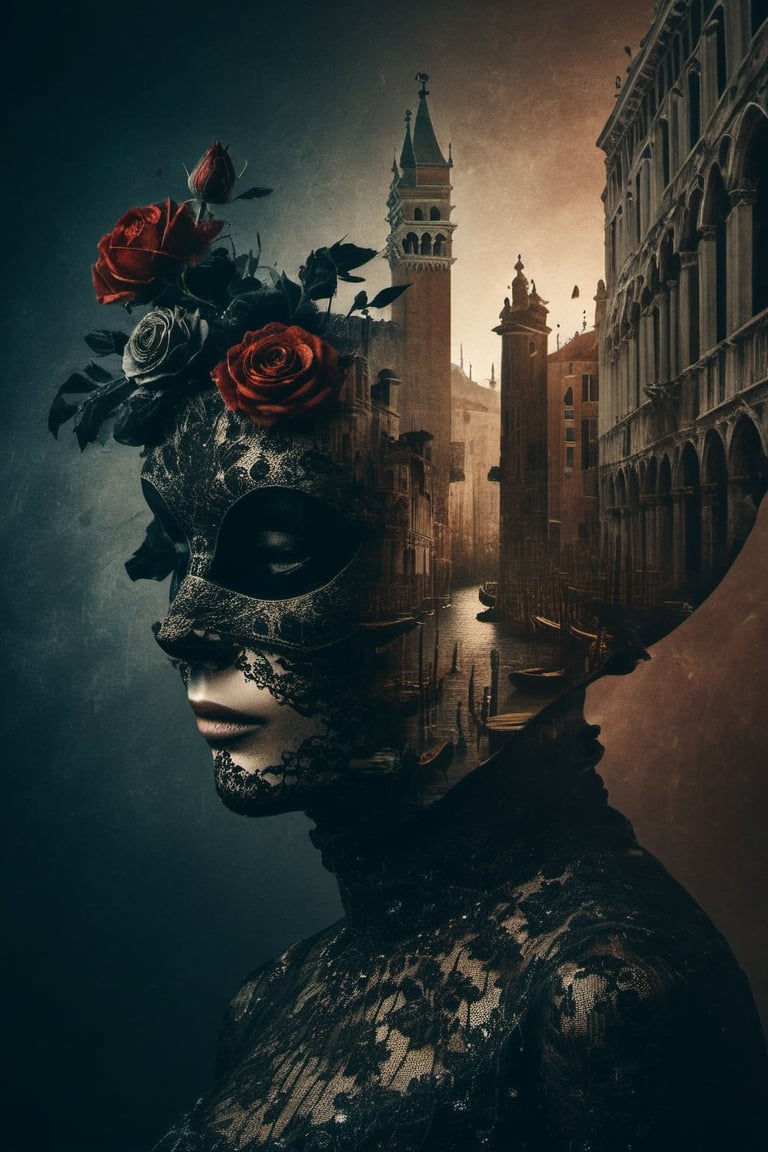 Silhouette of 2 masked people in Venice for carnival . Inside of the clear silhouette of the 2 carnival-masked people in Venice  you can see black roses, masterpiece,  ((double-exposure)), proportional , dark palette,  high resolution and contrast and colour contrast,  intricately textured and extremely subtle detailed,  detailmaster2,  ultra quality , fine artwork,  DOUBLE EXPOSURE,more detail XL