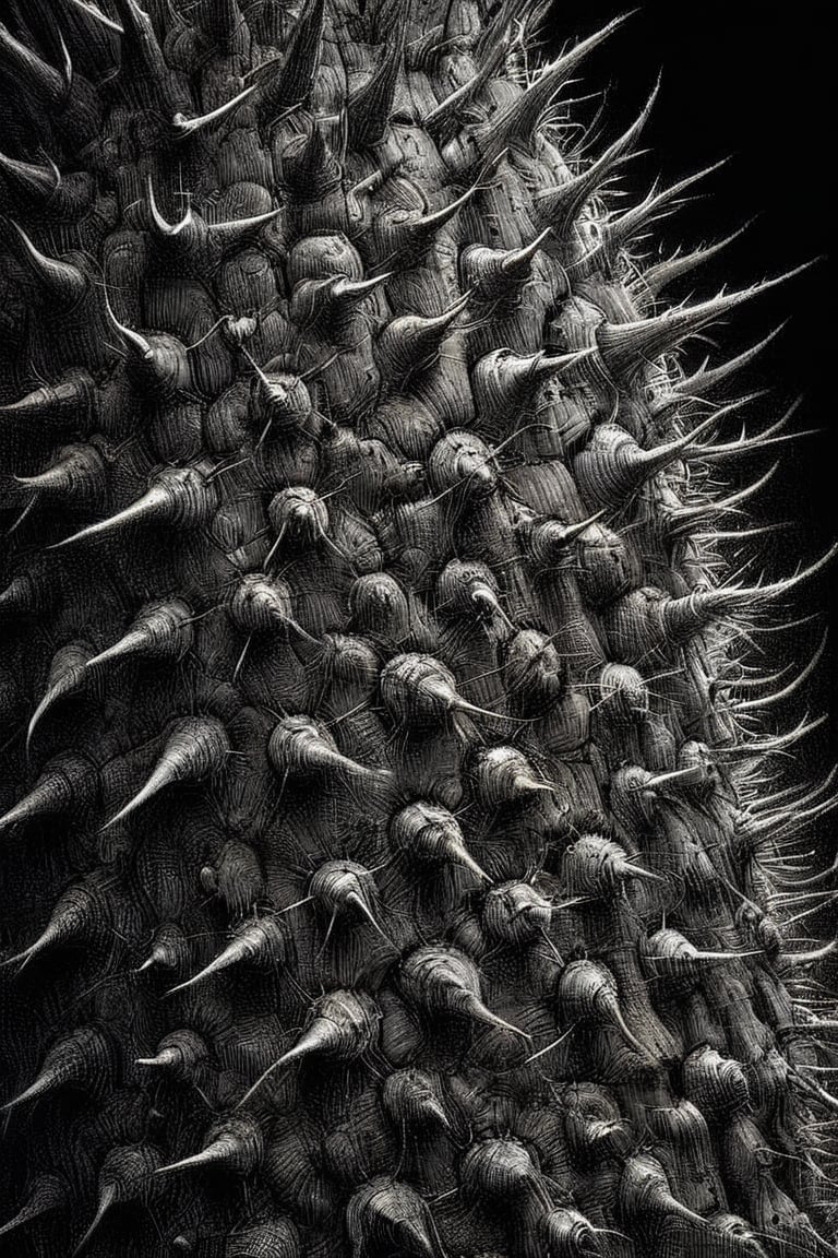 An ink colored charcoal drawing in close-up  macro of a Saguaro cactus thorn, dark palette,  high resolution and contrast and colour contrast,  intricately textured and extremely subtle detailed,  detailmaster2,  side-light,  ultra quality,  fine artwork 