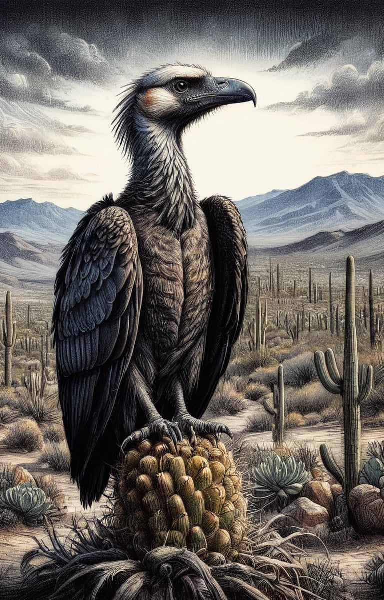 A charcoal ink coloured drawing of Saguaro cacti wit a vulture, high resolution and contrast and colour contrast,  dark palette,  intricately textured and extremely expressively detailed, detailmaster2,  fine artwork,  ultra quality,  epic view ,CharcoalDarkStyle,charcoal drawing,ink art,line art illustration,Pomological Watercolor