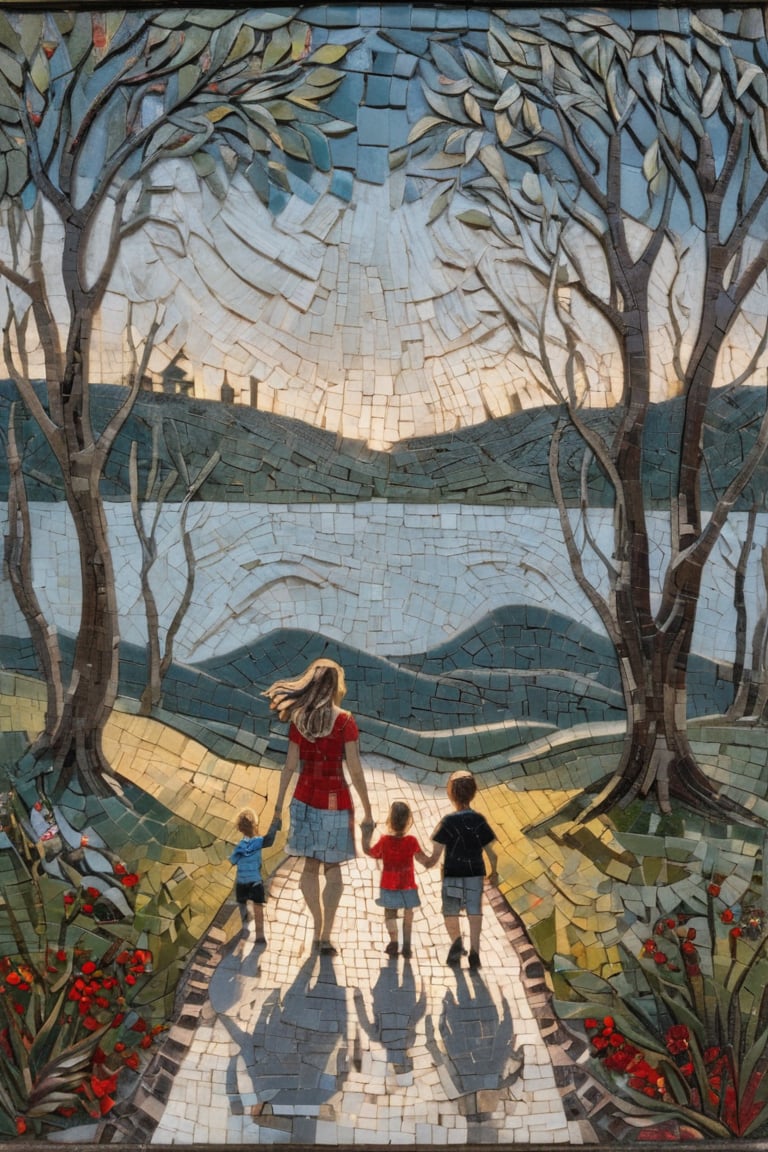 A photographic mosaic of a mother with her playing kids in the foreground and parc scenery  in the background,  dark palette,  high resolution and contrast and colour contrast,  intricately textured and extremely subtle detailed,  detailmaster2,  side-light,  epic view,  fine artwork ,more detail XL