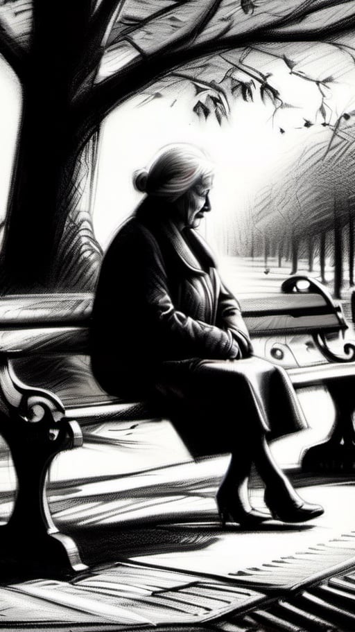 A charcoal sketch of an elderly woman sitting alone on a park bench staring into the emptiness of the day, cold atmosphere,  high resolution and contrast,  intricately textured and detailed,  detailmaster2,  side-light,  ray tracing shadows,  best quality ,charcoal drawing,CharcoalDarkStyle
