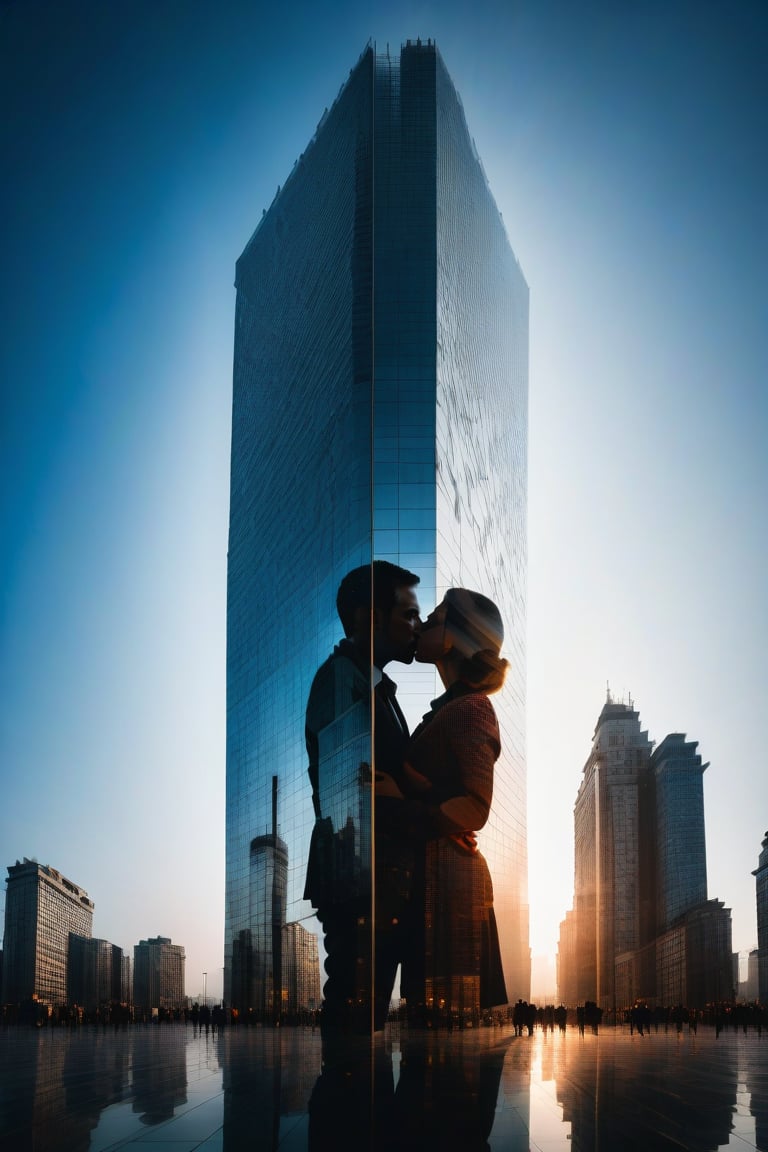 Silhouette of the frontal facade of a skyscraper. Inside the silhouette  of the frontal facade  you can see 1 man and 1 woman kissing each other, masterpiece,  ((double-exposure)), proportional ,DOUBLE EXPOSURE