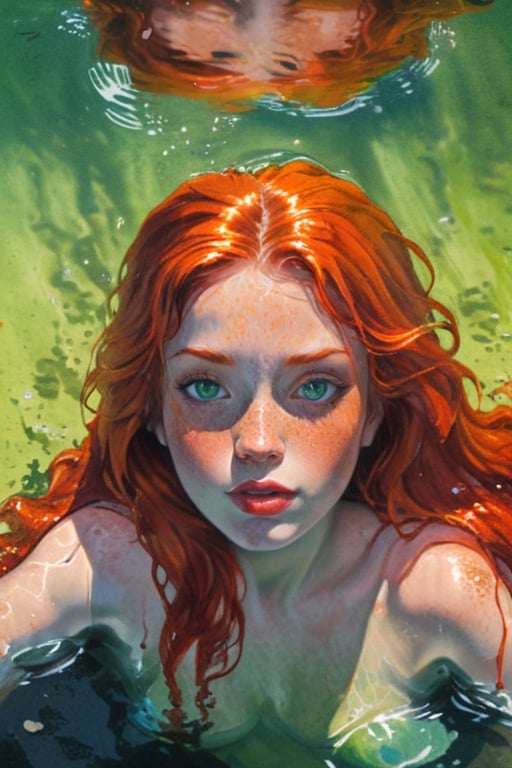 An illustrative lithograph of 1mermaid, solo, long hair, looking at viewer, bright- green eyes, red hair, outdoors, water, clear water reflection, orange hair,  lips, partially submerged, freckles, realistic, street water puddle, clear reflection  in the puddle of mermaid and surroundings,  detailmaster2, dark palette, backlight,  ,digital painting,art_booster