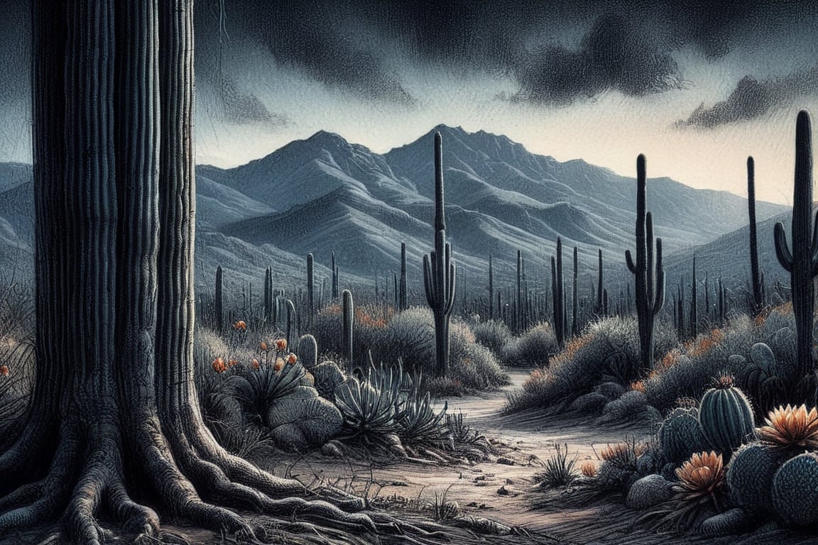 A charcoal ink coloured drawing of Saguaro cacti, high resolution and contrast and colour contrast,  dark palette,  intricately textured and extremely expressively detailed, detailmaster2,  fine artwork,  ultra quality,  epic view ,CharcoalDarkStyle,charcoal drawing,ink art,line art illustration