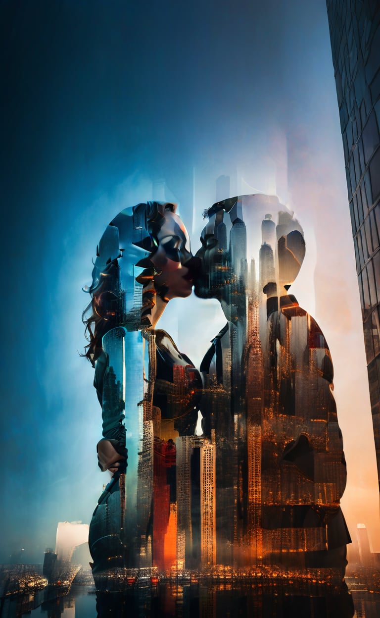 (Double-exposure) inside the silhouette  of a skyscraper  can be seen a  sculptural kissing pair, dark vivid palette,  high resolution and contrast and colour contrast,  intricately textured and extremely subtle detailed,  detailmaster2,  ultra quality,  fine artwork ,photo r3al
