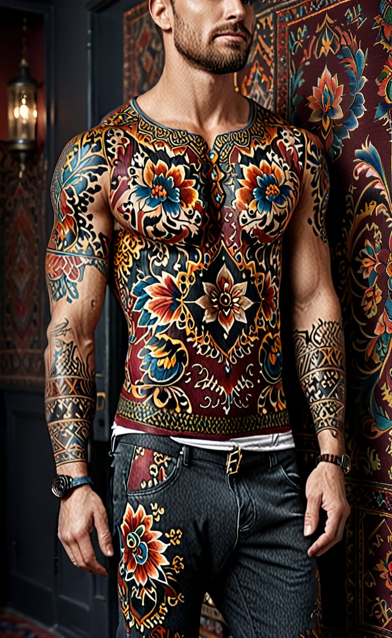  A full-body tattoo in the style of old persian carpets , very elegant for men , dark warm colours , high resolution and contrast and colour contrast,  intricately textured and extremely subtle detailed, detailmaster2,  side-light,  ultra quality,  fine artwork 