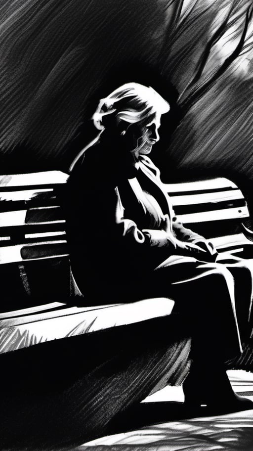 A charcoal sketch of an elderly woman sitting alone on a park bench staring into the emptiness of the day, cold atmosphere,  high resolution and contrast,  intricately textured and detailed,  detailmaster2,  side-light,  ray tracing shadows,  best quality 