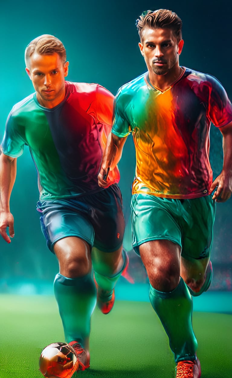 (Jelly style) 2 Jelly style soccer players running after a football, dark vivid palette,  high resolution and contrast and colour contrast,  intricately textured and extremely subtle detailed,  detailmaster2,  side-light,  epic view, ultra quality,  fine artwork ,more detail XL