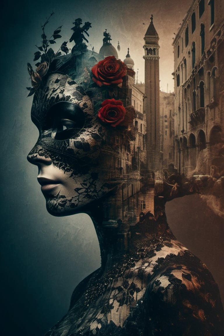 Silhouette of 2 masked people in Venice for carnival . Inside of the clear silhouette of the 2 carnival-masked people in Venice  you can see black roses, masterpiece,  ((double-exposure)), proportional , dark palette,  high resolution and contrast and colour contrast,  intricately textured and extremely subtle detailed,  detailmaster2,  ultra quality , fine artwork,  DOUBLE EXPOSURE,more detail XL