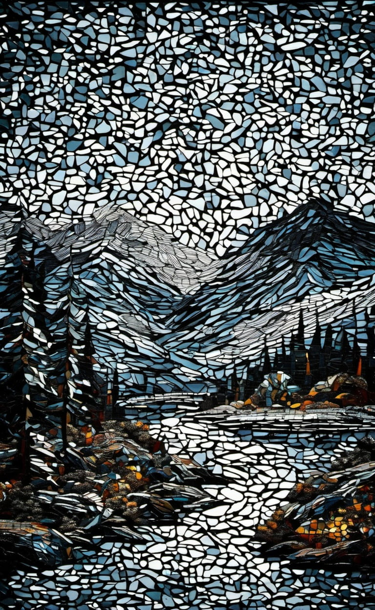 A glass mosaic of landscape with small lake and trees around in the foreground and high mountains  in the background,  dark palette,  high resolution and contrast and colour contrast,  intricately textured and extremely subtle detailed,  detailmaster2,  side-light,  epic view,  fine artwork ,shards