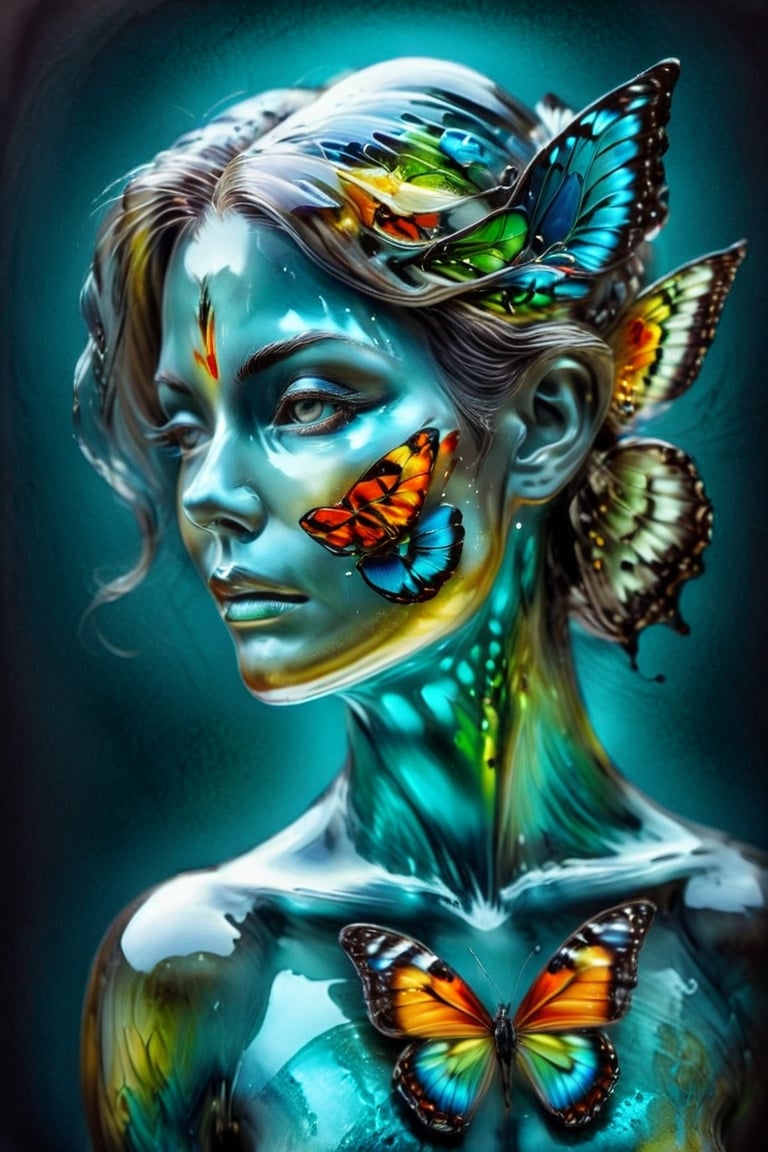 A woman , a queen who wishes becoming  a butterfly,  vivid palette, olive-cyan  foreground,  moody lighting,  high resolution and contrast,  intricately textured and extremely detailed,  detailmaster2,  side-light,  best quality,  fine artwork,ink art,Clear Glass Skin