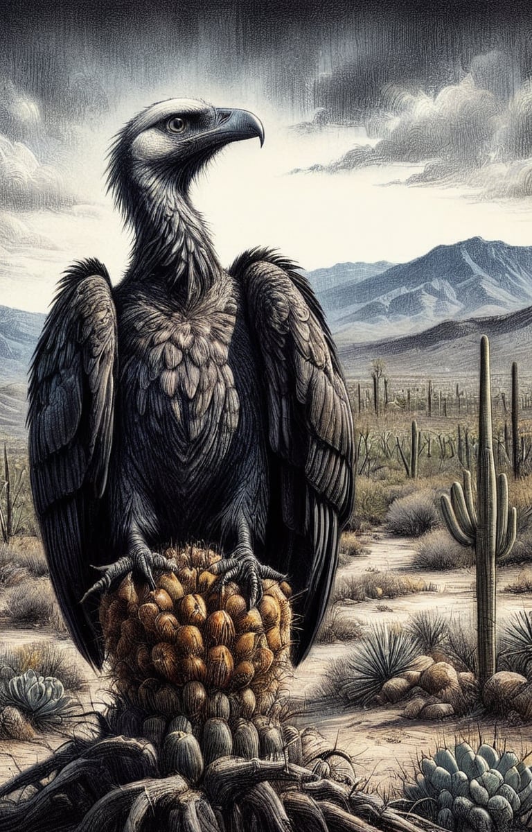 A charcoal ink coloured drawing of Saguaro cacti wit a vulture, high resolution and contrast and colour contrast,  dark palette,  intricately textured and extremely expressively detailed, detailmaster2,  fine artwork,  ultra quality,  epic view ,CharcoalDarkStyle,charcoal drawing,ink art,line art illustration,Pomological Watercolor