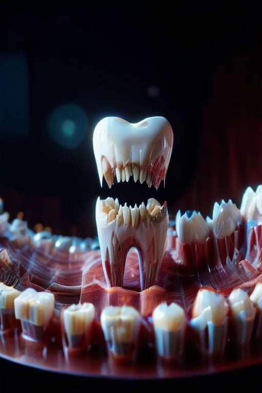A ballet  of prothetic zirkonium teeth and natural teeth on stage, solo is one big white tooth,  a surrealistic scenery, cinematic, blush Matrix, moody lighting, studio light teeth in the background ,depth of field, deep focus,3D Mesh,dissolving into pixels