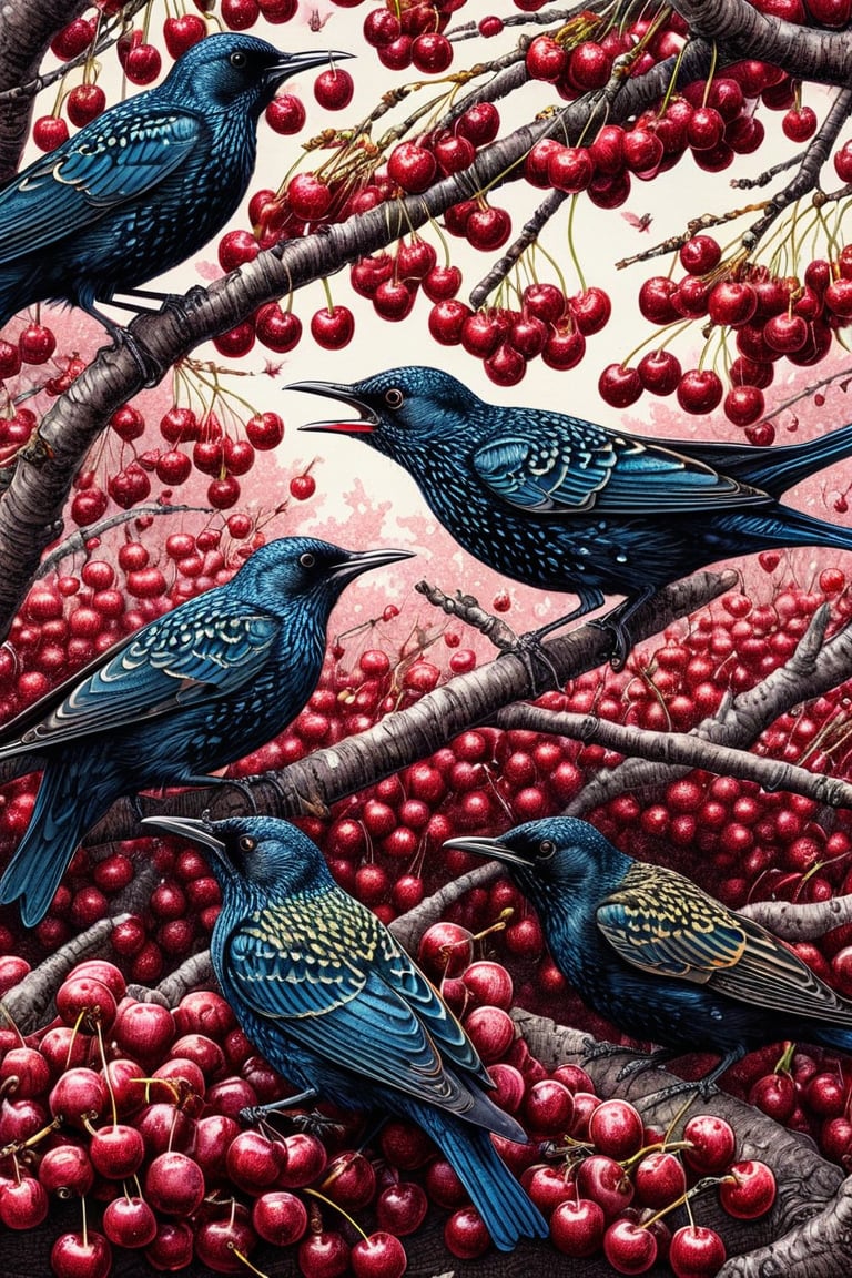 (Ink drawing) A hungry flock of starlings attacks a cherry tree to eat ripe cherries,   dark vivid palette,  high resolution and contrast and colour contrast,  intricately textured and extremely subtle detailed,  detailmaster2,  side-light,  ultra quality,  fine artwork ,ink art,Pomological Watercolor