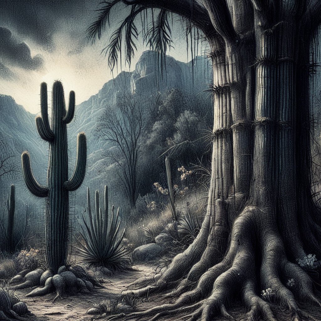 A charcoal ink coloured drawing of Saguaro cacti, high resolution and contrast and colour contrast,  dark palette,  intricately textured and extremely expressively detailed, detailmaster2,  fine artwork,  ultra quality,  epic view ,CharcoalDarkStyle,charcoal drawing,ink art,line art illustration