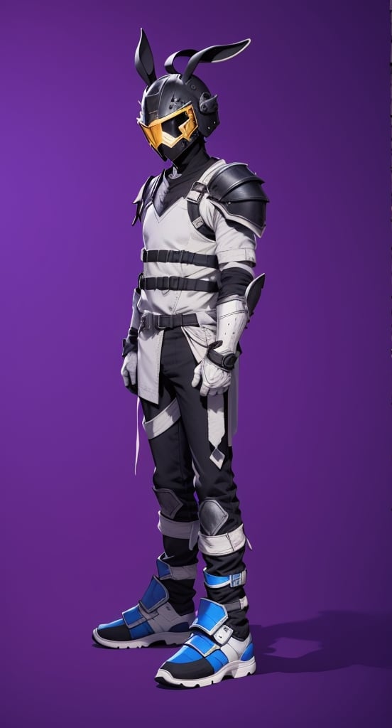 ((human male)), ((whole-body)), ((blue, white, and black colors)), helmet, chest armor, pauldrons, bunnytech, riot armor, post-apocalypic_fashion, Cyberpunk