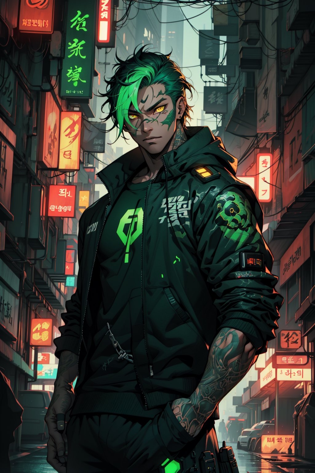 post-cyberpunk, cyborg, male, dark_clothes, neon_green, green_tattoos, fierce, detailed, high resolution, bold, korean Manhwa art style by Choo Hye Yeon, yellow eyes,perfecteyes