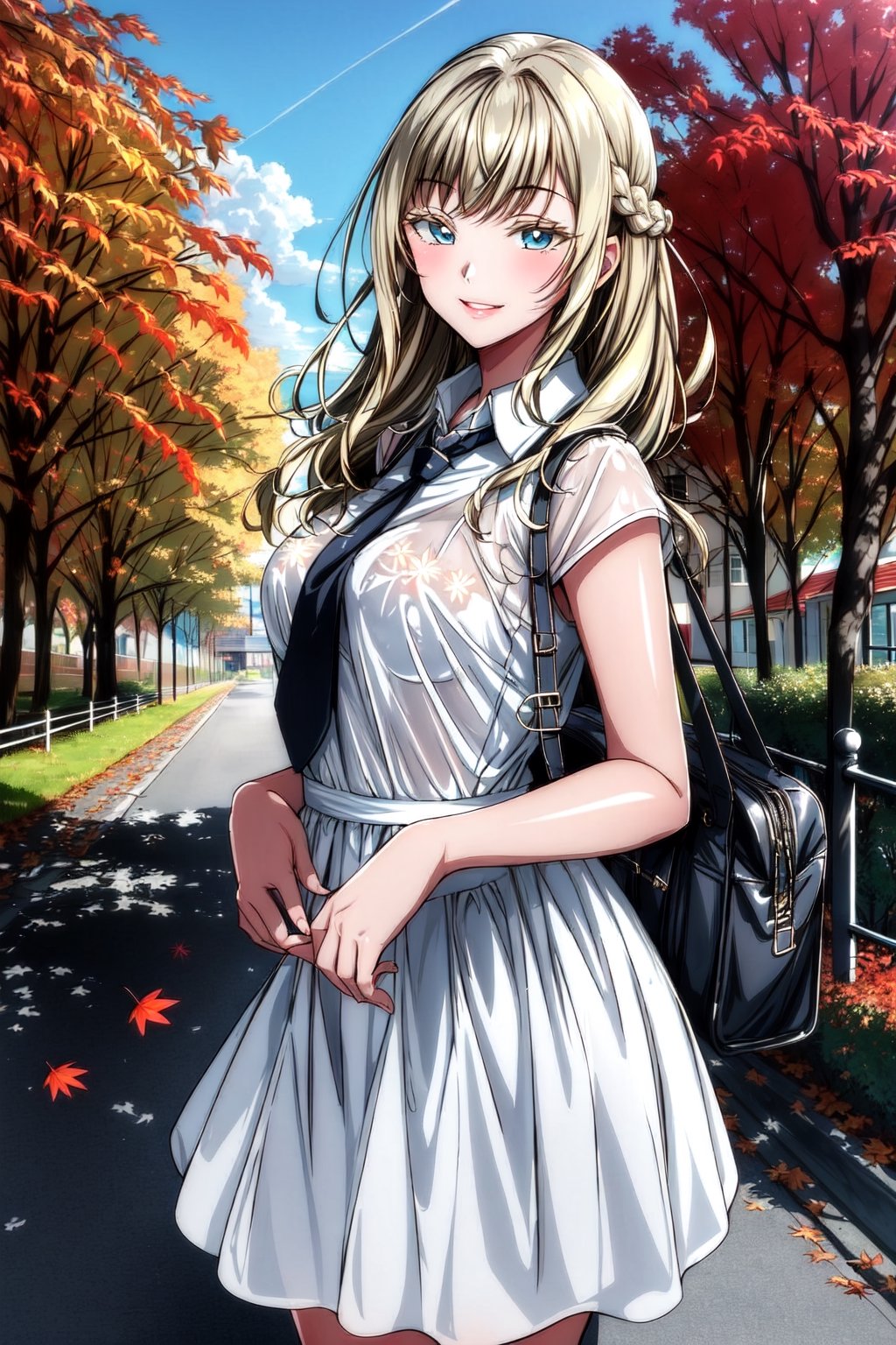 (masterpiece), high quality, (detailed background), 1girl, long hair, outfit_1, black necktie, white dress, collared dress, see-through, outdoors, school, trees, sunny, autumn leaves, standing, smile, parted lips, ,Louisa Richter