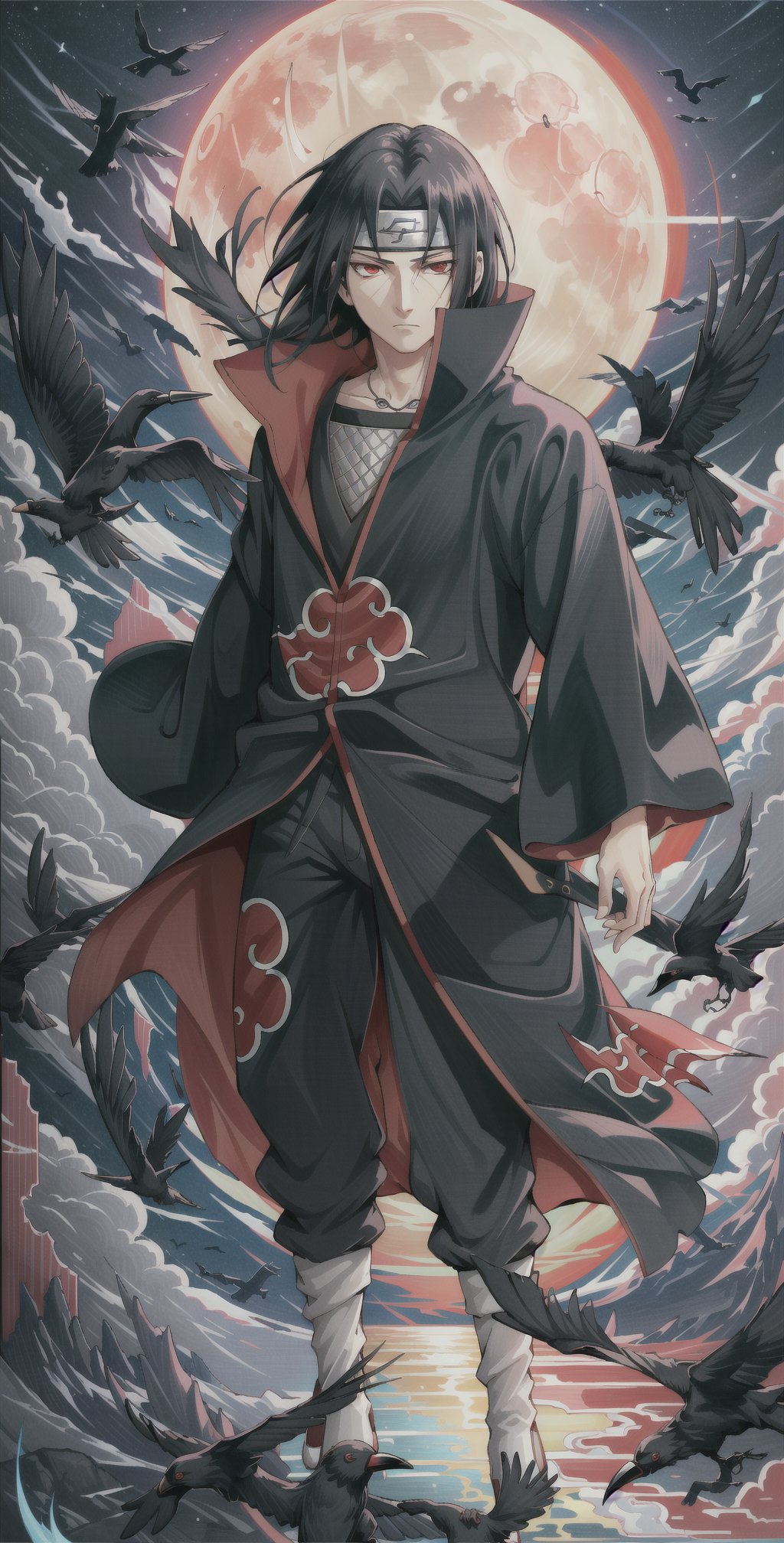 "Craft an intricately detailed image featuring Itachi Uchiha exuding an air of coolness. His Sharingan eyes should radiate a captivating intensity, while he stands adorned in an Aakash Institute uniform. Include a crow in mid-flight beside him, adding an element of symbolism. Itachi's expression should convey a sense of seriousness and wisdom, capturing the essence of his complex character.",akatsuki outfit, night, red_eyes, lite red moon, 