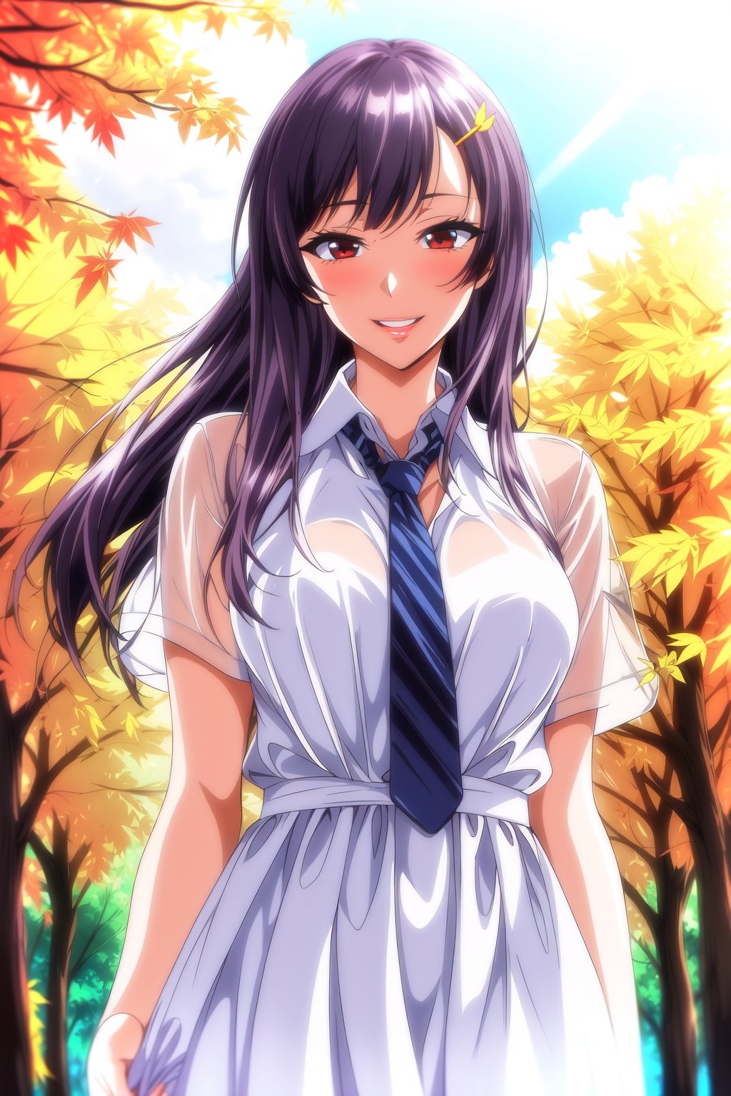 (masterpiece), high quality, (detailed background), 1girl, long hair, outfit_1, black necktie, white dress, collared dress, see-through, outdoors, school, trees, sunny, autumn leaves, standing, smile, parted lips, ,Louisa Richter,Natsuha Shinomiya,Akane Nanao,ajisai