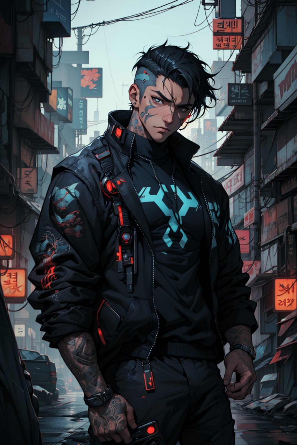 post-cyberpunk, cyborg, male, dark_clothes, neon_blue, blue_tattoos, fierce, detailed, high resolution, bold, korean Manhwa art style by Choo Hye Yeon, black eyes,perfecteyes